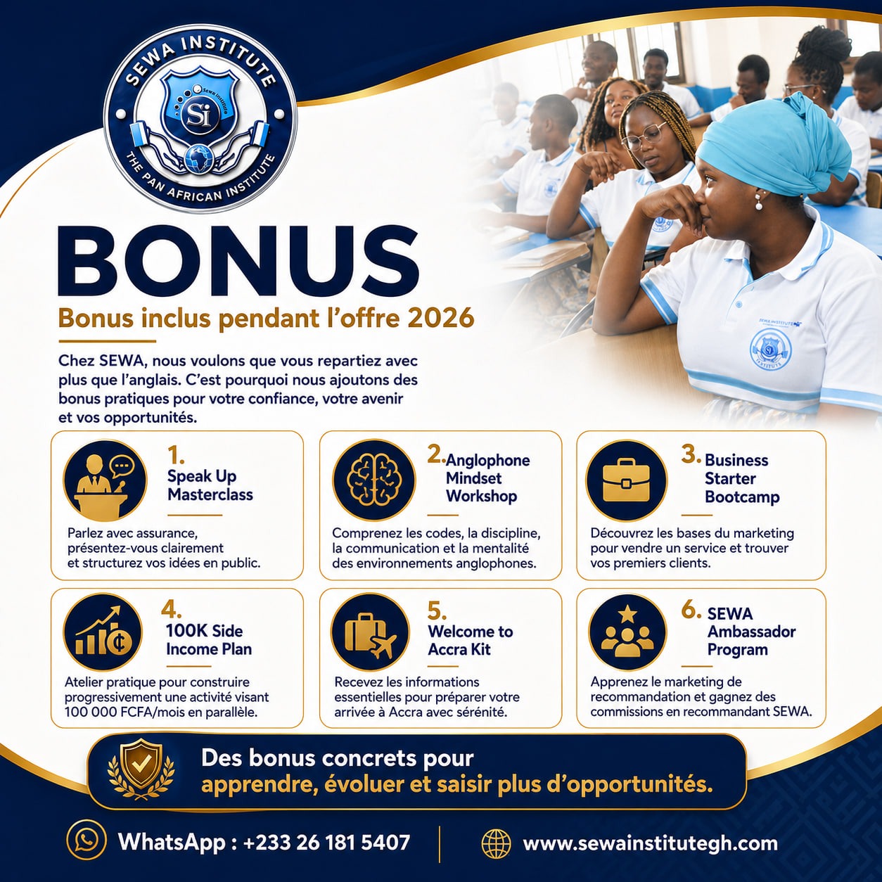 Bonus inclus pendant l'offre 2026 de SEWA Institute Ghana